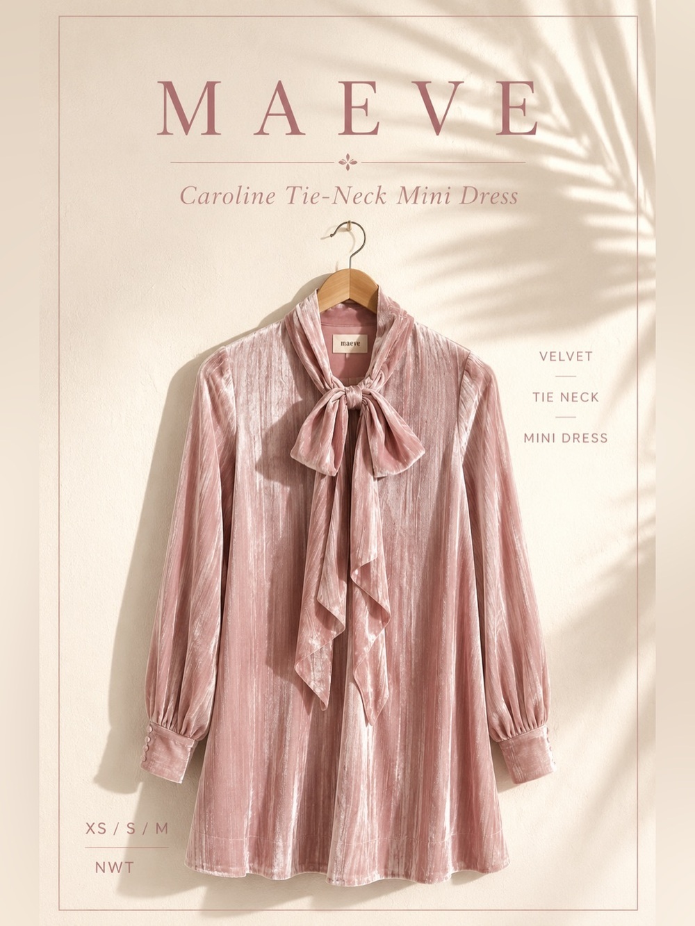 Maeve Caroline Tie-Neck Mini Dress Pink Crushed Velvet Size S NWT